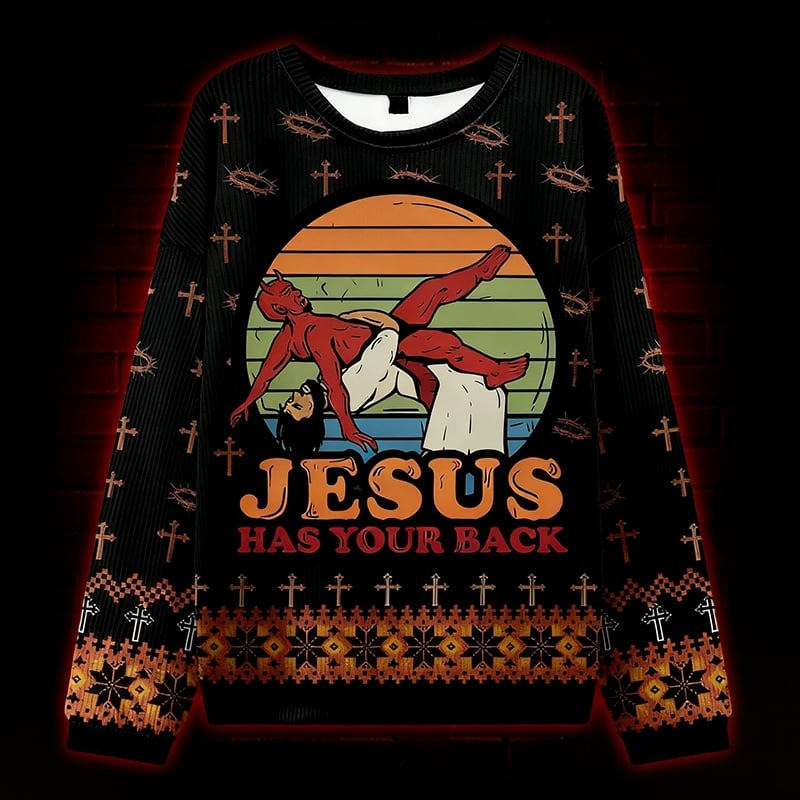 Jesus Has Your Back Ugly Christmas Sweater Funny Jesus Christmas Sweaters Gifts For Him
