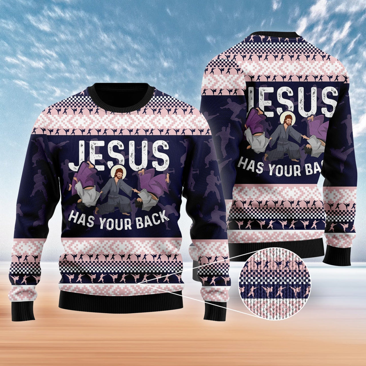 Jesus Has Your Back Ugly Christmas Sweater Jiu Jitsu Print Pullover Funny Jesus Xmas Gifts
