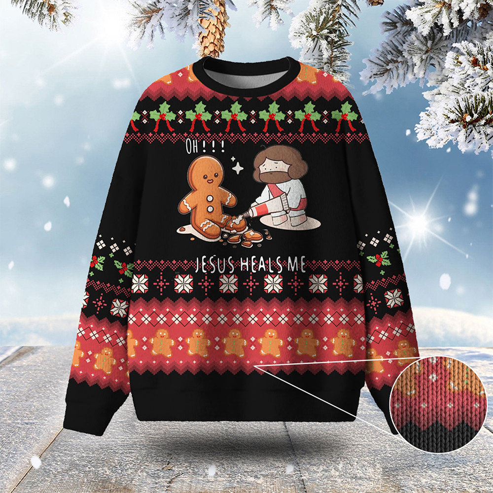 Jesus Heals Me Ugly Christmas Sweater Gingerbread Pattern Winter Apparel Xmas Gift Ideas