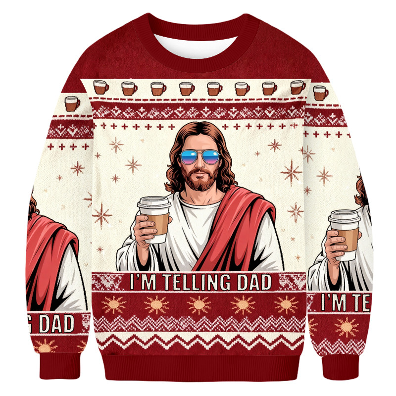 Jesus I'm Telling Dad Ugly Sweater Christian Themed Holiday Apparel Cool Xmas Gifts