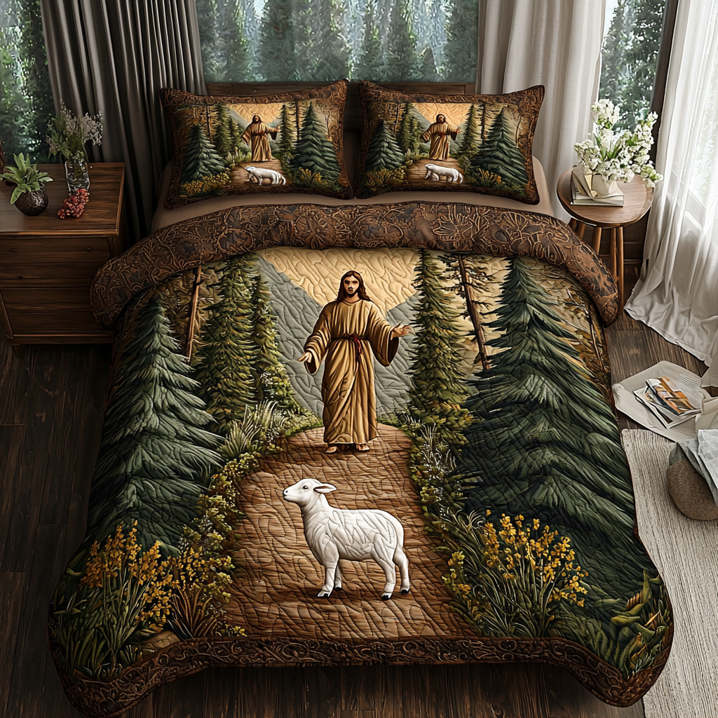 Jesus in the Forest Quilted Bedding Set Cozy Bedroom Decor Christian Wedding Gifts