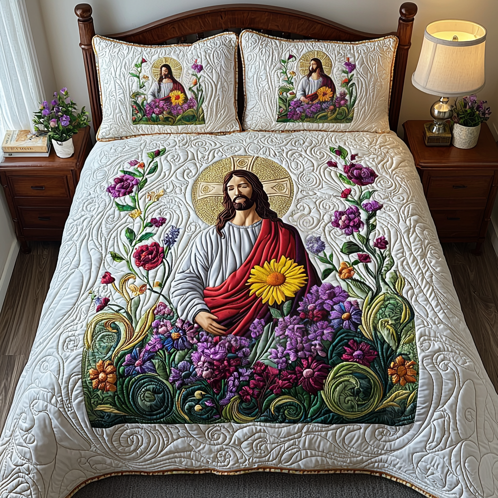Jesus in the Garden Quilted Bedding Set Best Bed Sheet Set Gifts For Christians