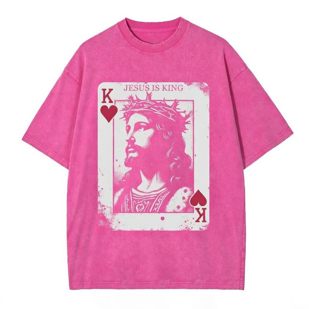 Jesus Is King Playing Card Graphic T-Shirt Pink Christian Faith Shirt King Of Hearts Gift