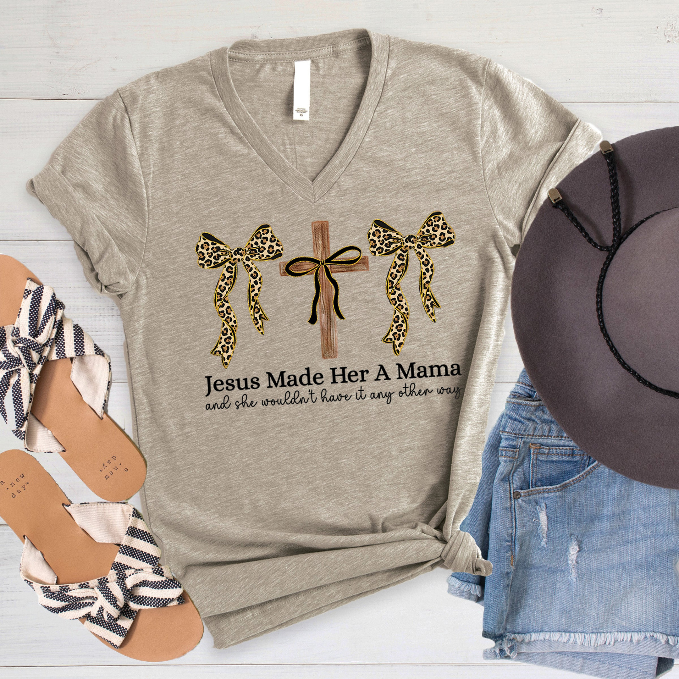 Jesus Made Her A Mama Christian V-Neck Shirt Mom Gifts Faith Apparel Best Gift