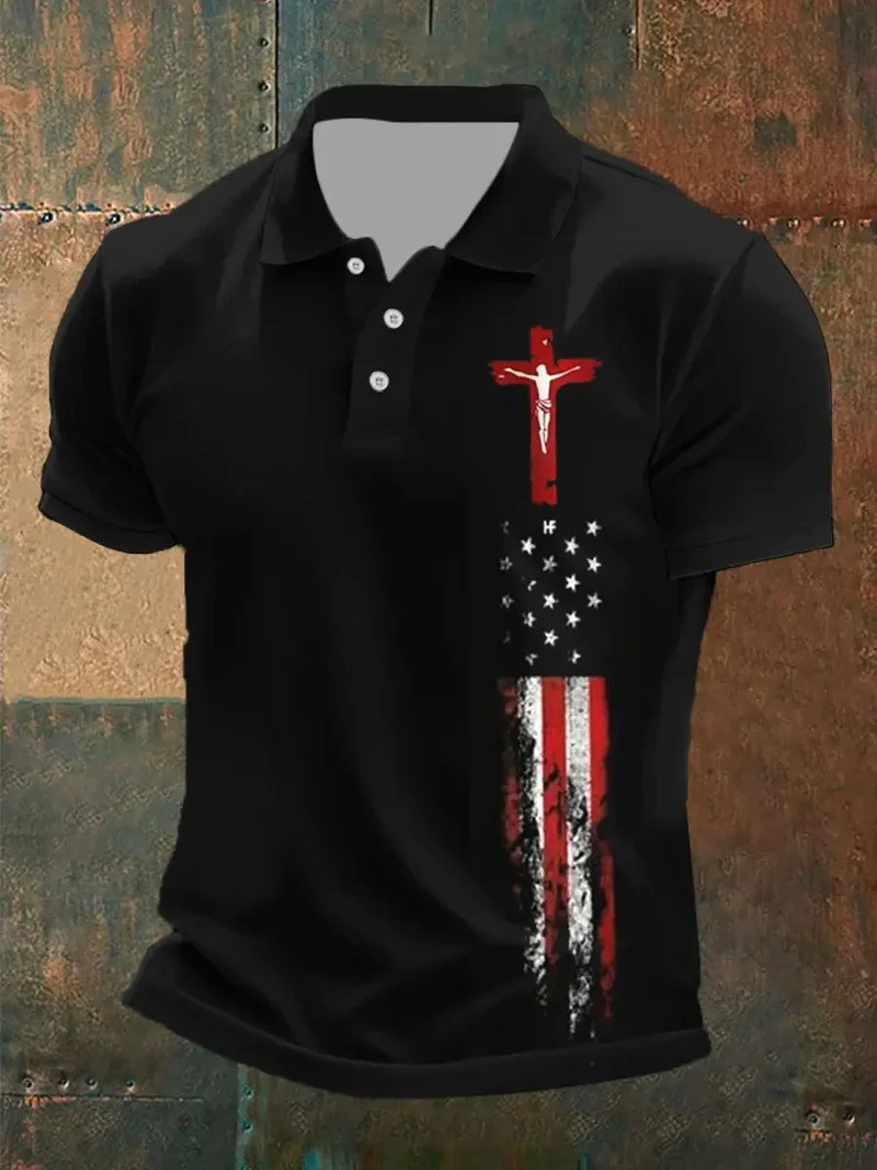 Jesus On The Cross American Faith Polo Shirt Patriotic Christian Clothing Best Gift For Believers