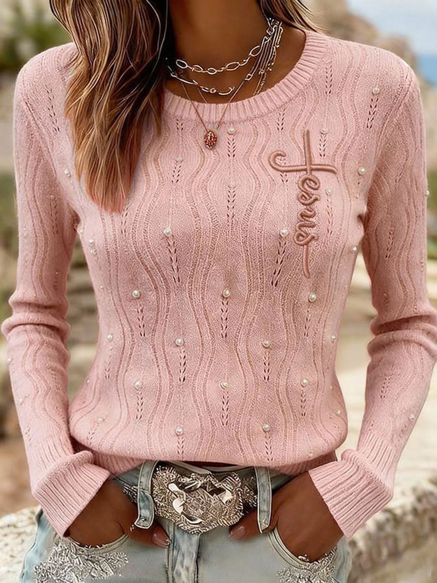 Jesus Pearl Knit Sweater Women's Christian Pullover Gift For Her