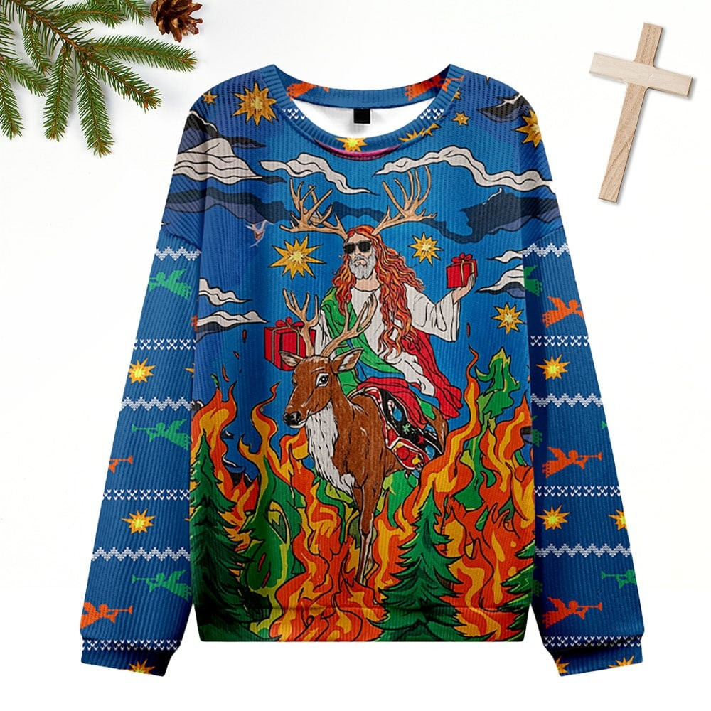 Jesus Riding A Reindeer Ugly Christmas Sweater Funny Xmas Apparel Gifts For Jesus Lovers