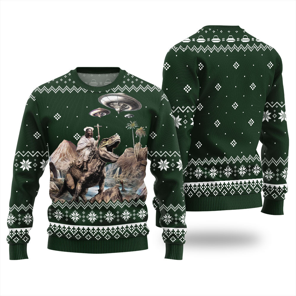 Jesus Riding Dinosaur Mens Ugly Sweaters For Christmas Trendy Winter Sweatshirt for Cozy Moments