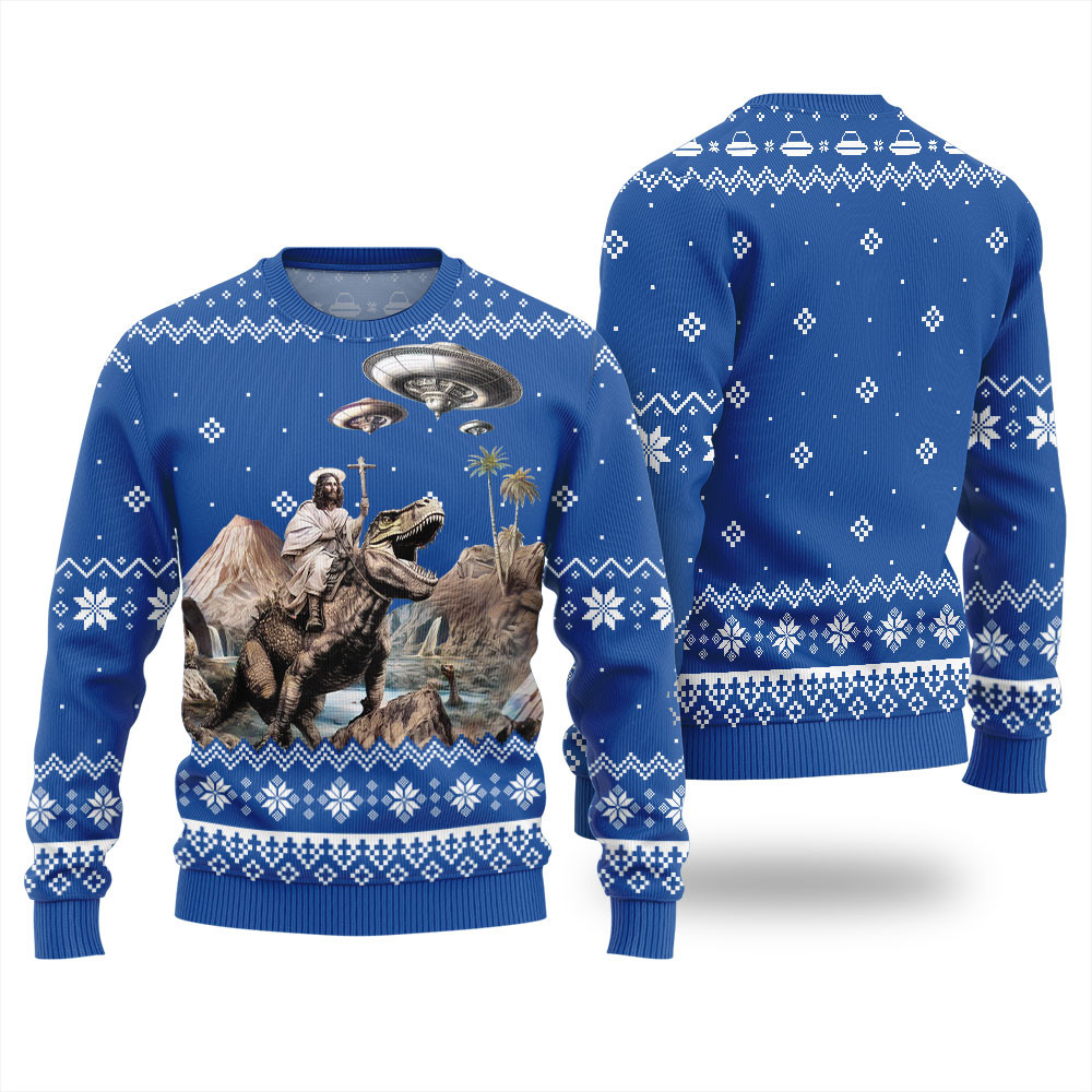 Jesus Riding On A Dinosaur Ugly Sweater Womens Exclusive Christmas Sweater Merch Gift Edition