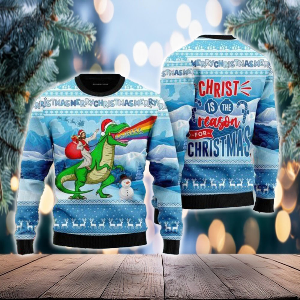 Jesus Riding T-Rex Xmas Sweater Funny Christ Is Reason Sweater