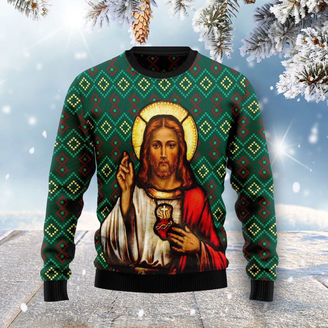 Jesus Sacred Heart Ugly Christmas Sweater Holiday Apparel Xmas Gift Ideas For Jesus Lovers