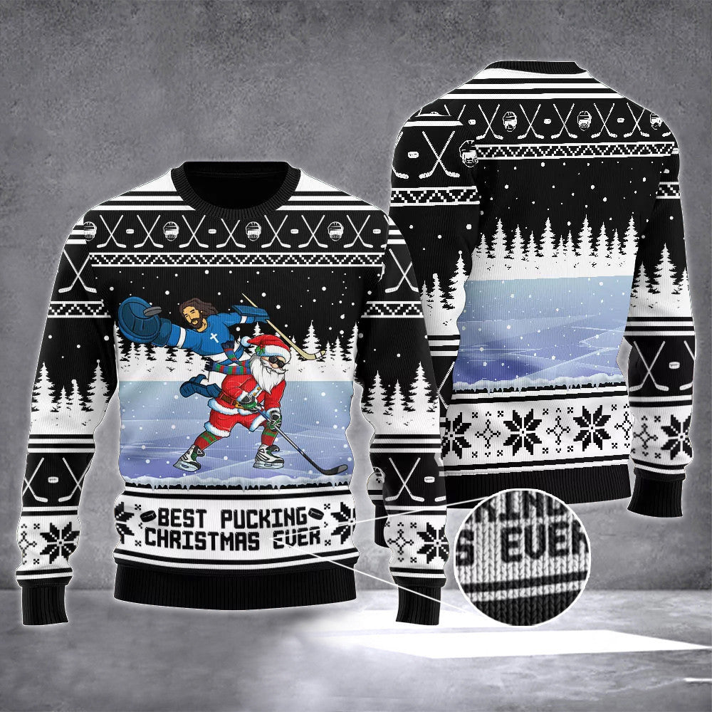 Jesus Santa Best Pucking Ever Hockey Ugly Christmas Sweater Hockey Themed Xmas Gifts Jesus Santa Best Pucking Ever Hockey Ugly Christmas Sweater Hockey Themed Xmas Gifts