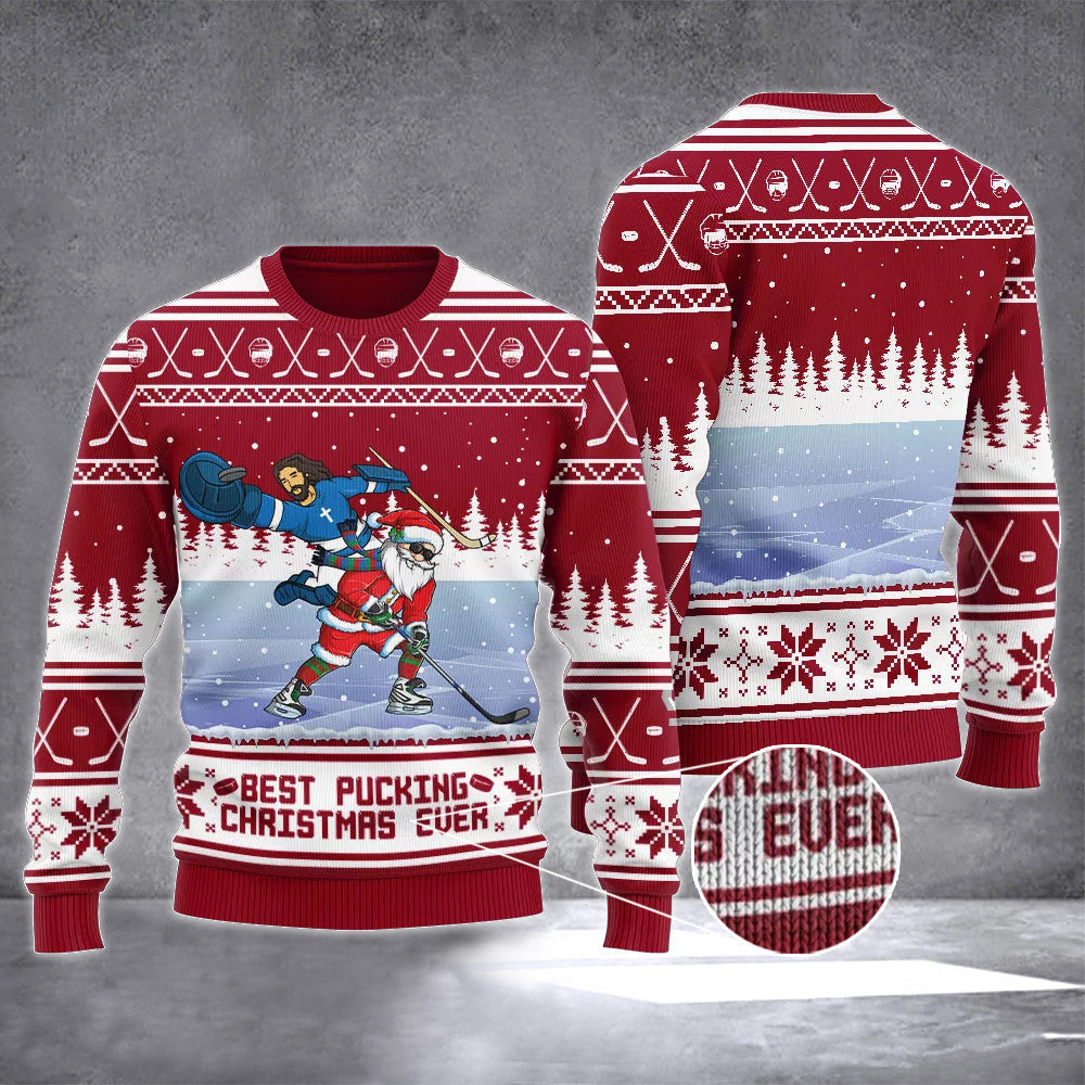 Jesus Santa Best Pucking Ever Hockey Ugly Christmas Sweater Hockey Themed Xmas Gifts Jesus Santa Best Pucking Ever Hockey Ugly Christmas Sweater Hockey Themed Xmas Gifts