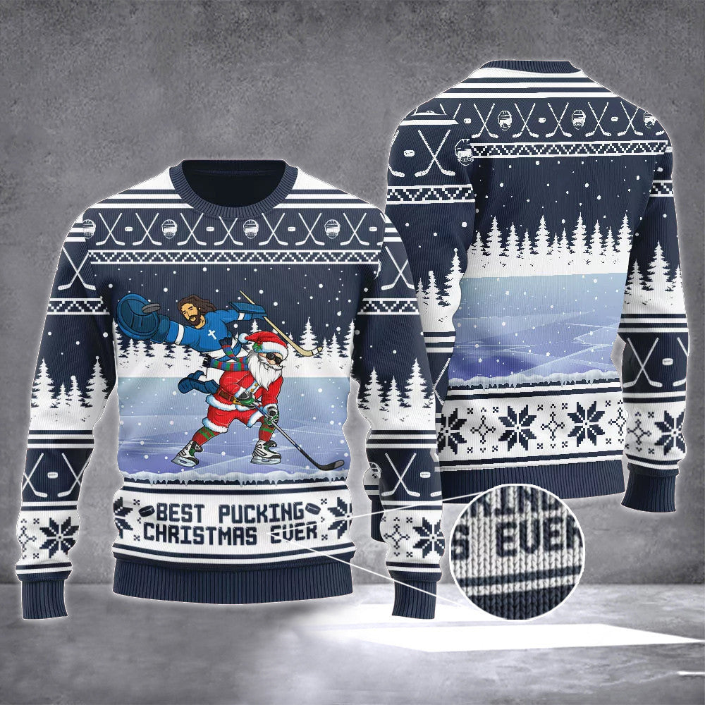 Jesus Santa Best Pucking Ever Hockey Ugly Christmas Sweater Hockey Themed Xmas Gifts Jesus Santa Best Pucking Ever Hockey Ugly Christmas Sweater Hockey Themed Xmas Gifts