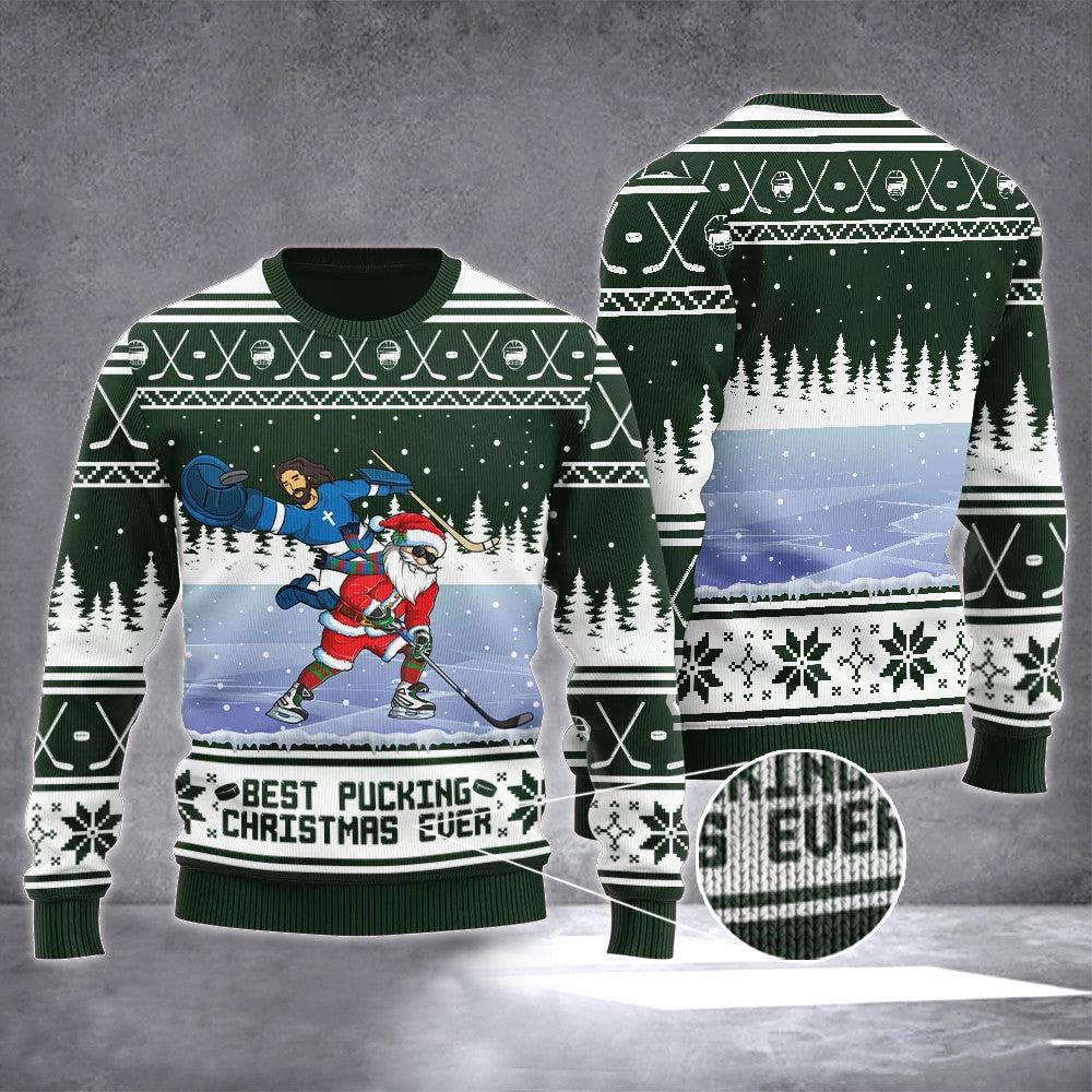 Jesus Santa Best Pucking Ever Hockey Ugly Christmas Sweater Hockey Themed Xmas Gifts Jesus Santa Best Pucking Ever Hockey Ugly Christmas Sweater Hockey Themed Xmas Gifts