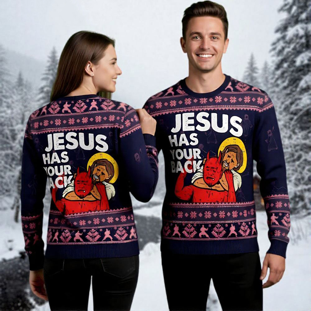 Jesus Satan Ugly Christmas Sweater Jesus Has Your Back Funny Couples Christmas Sweaters Gifts