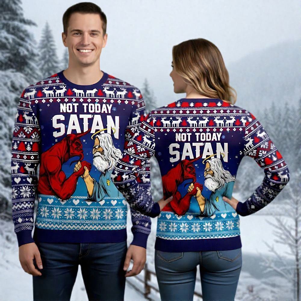 Jesus Satan Ugly Christmas Sweater Not Today Satan Holiday Wear Christmas Jesus Lover Gifts