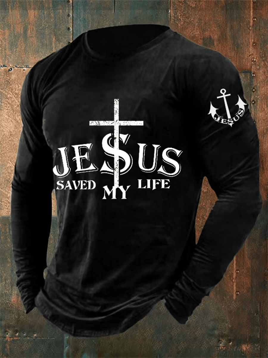 Jesus Saved My Life Christian Wash Long Sleeve Shirt Cross Faith Shirt Religious Gift For Men