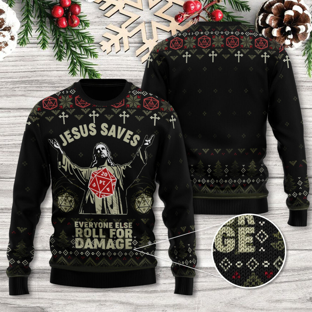 Jesus Saves Everyone Else Roll For Damage Ugly Christmas Sweater Christian Apparel For Xmas