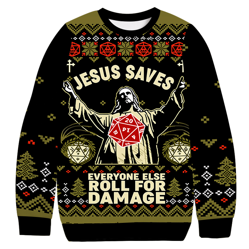 Jesus Saves Roll For Damage Christmas Ugly Sweatshirt Holiday Season Gag Gift Top