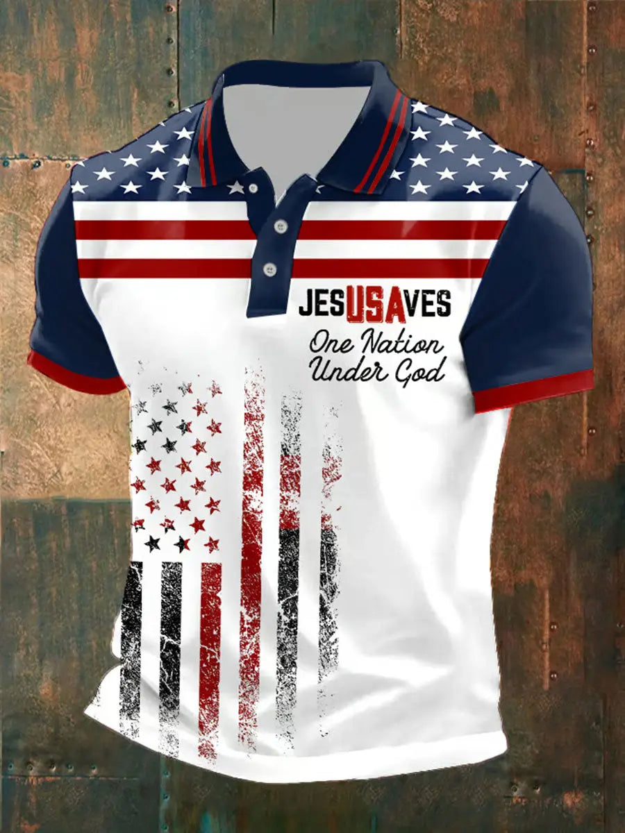 Jesus Saves USA Polo Shirt Christian Patriotic Gift for Faith Supporters One Nation Under God
