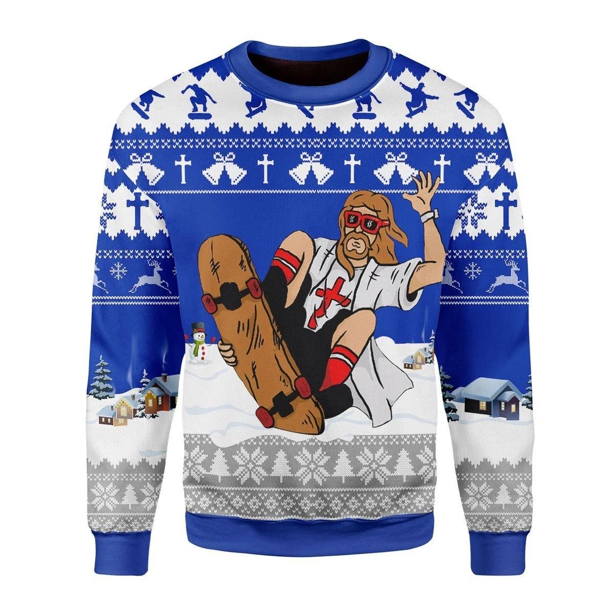 Jesus Skateboarding Ugly Christmas Sweater Funny Jesus Xmas Gifts For Skateboard Lovers