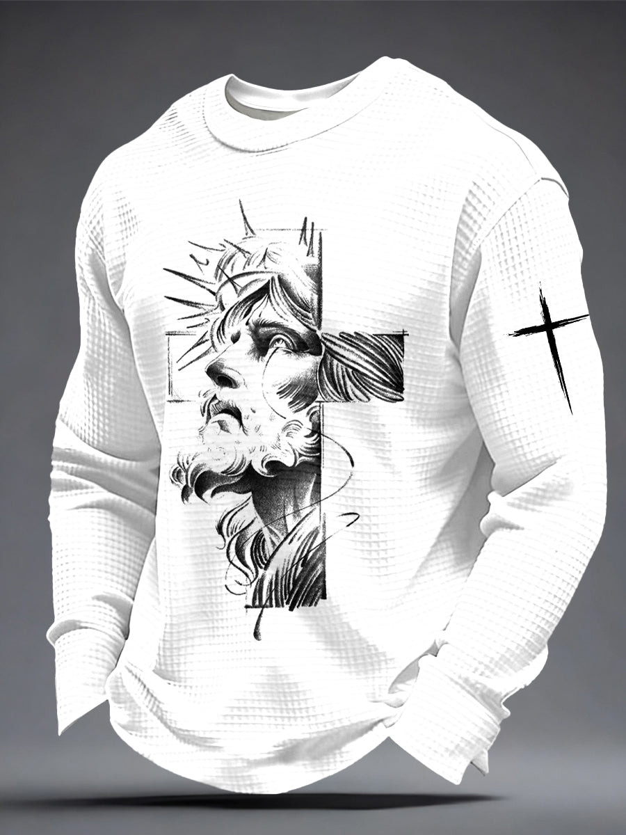 Jesus Sketch Cross Waffle Long Sleeve Shirt Christian Faith Pullover Religious Gift For Men