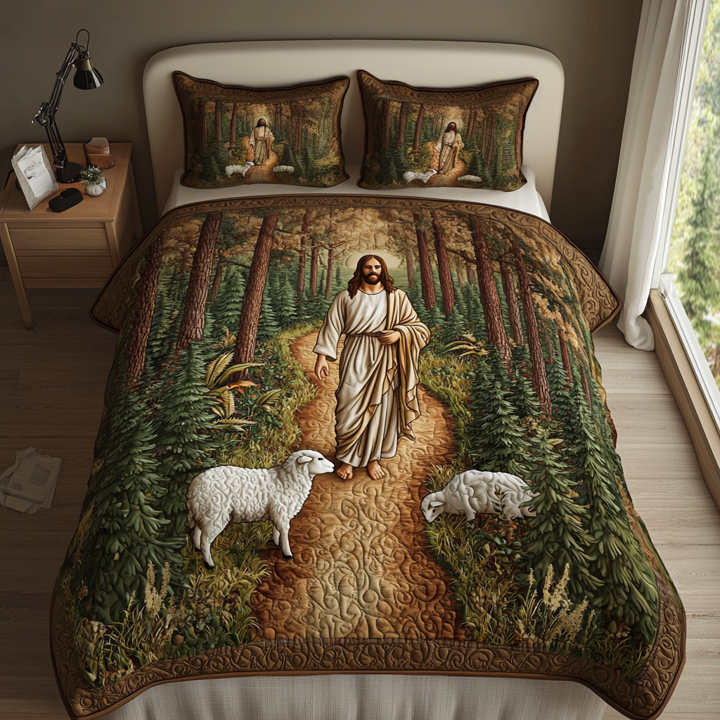 Jesus Tending Flock Quilted Bedding Set Bedroom Decorations Christian Gifts For Friends