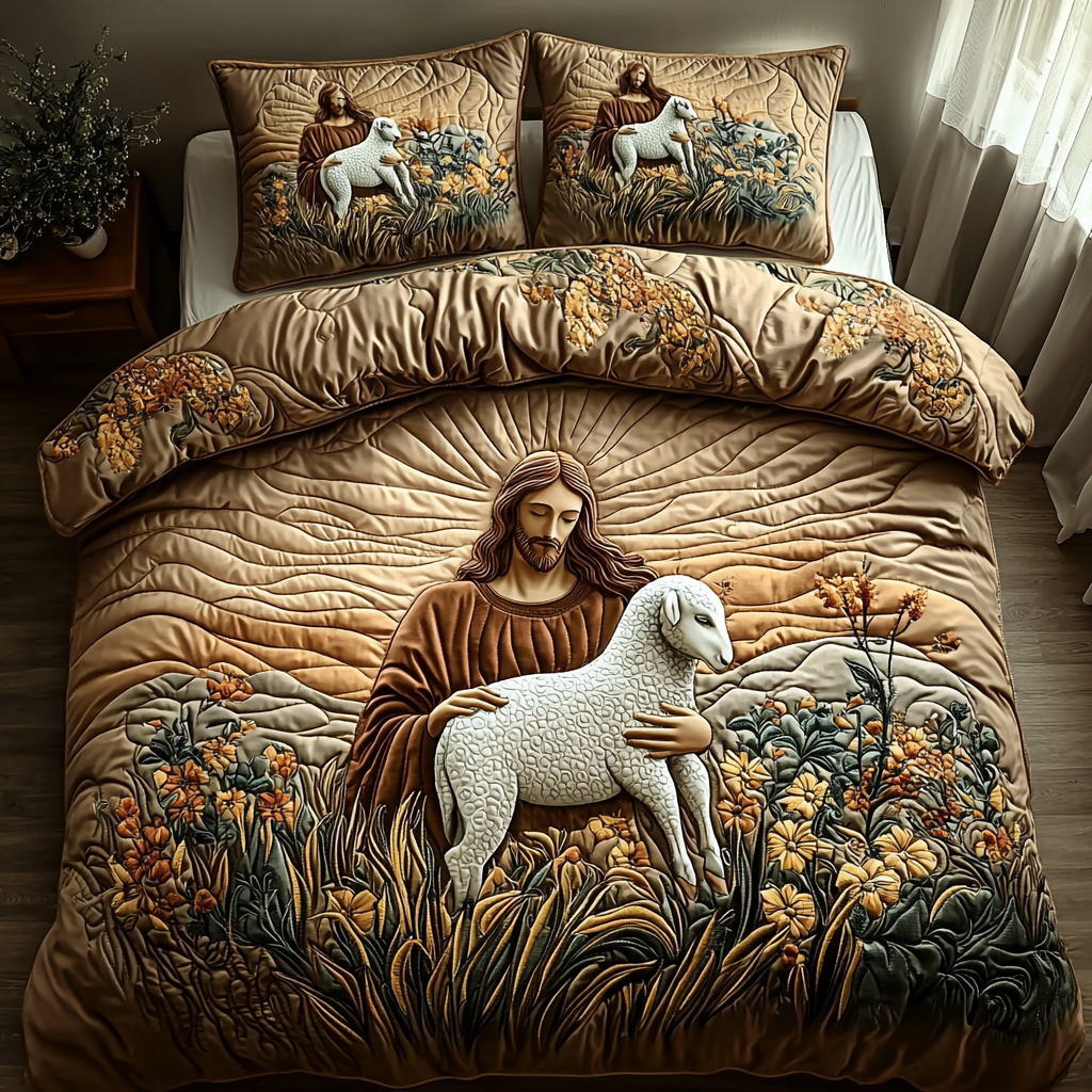 Jesus the Shepherd Quilted Bedding Set Bedspread Set Christian Gifts For Men
