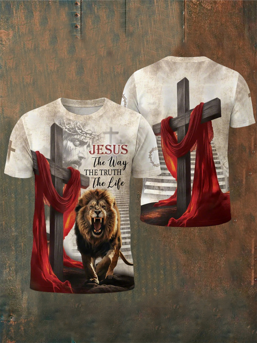 Jesus The Way The Truth The Life T-Shirt Faith Cross Lion Christian Clothing Gift For Men