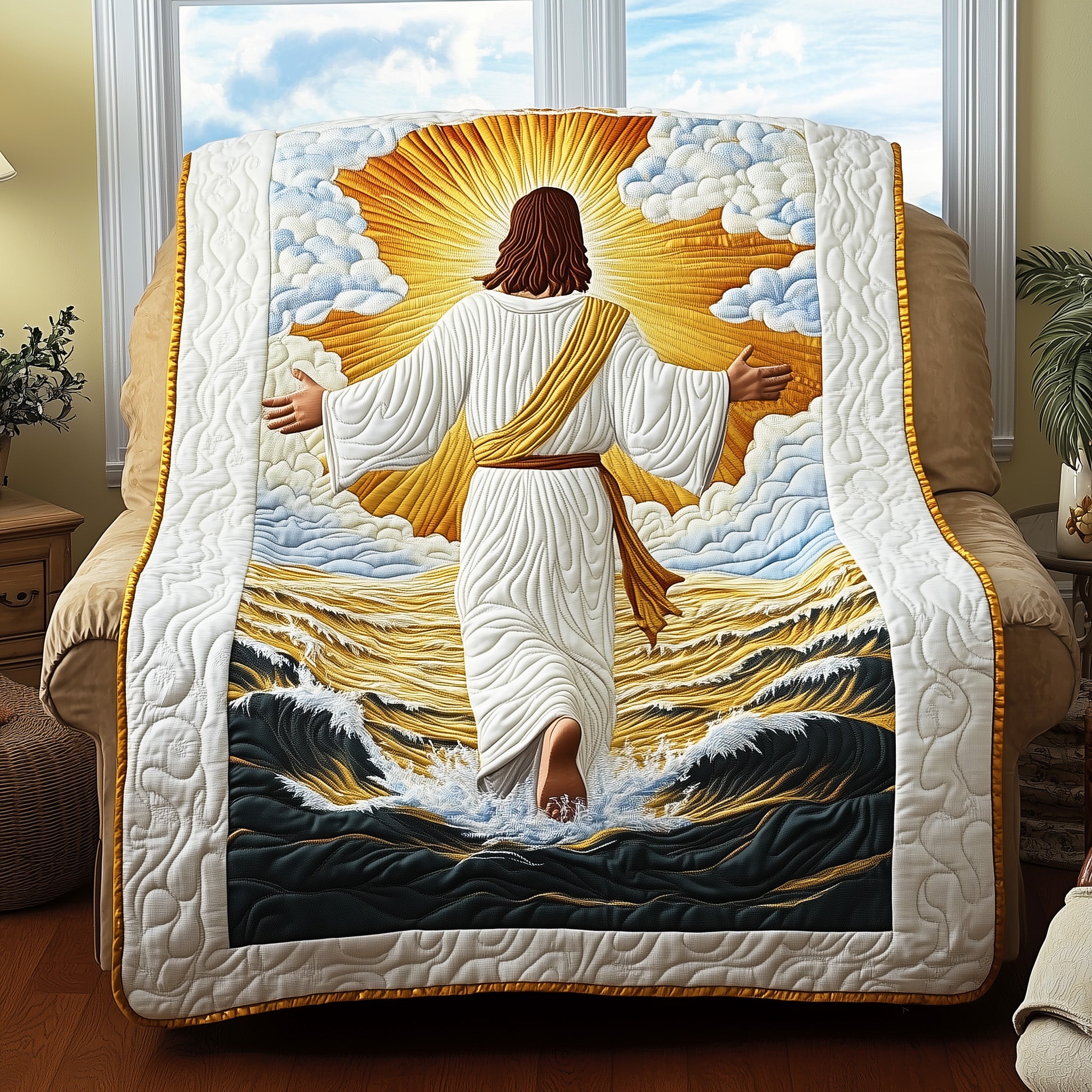 Jesus Walking on Water Quilted Blanket Cute Soft BlanketJesus Christain Bible Gift Of Faith