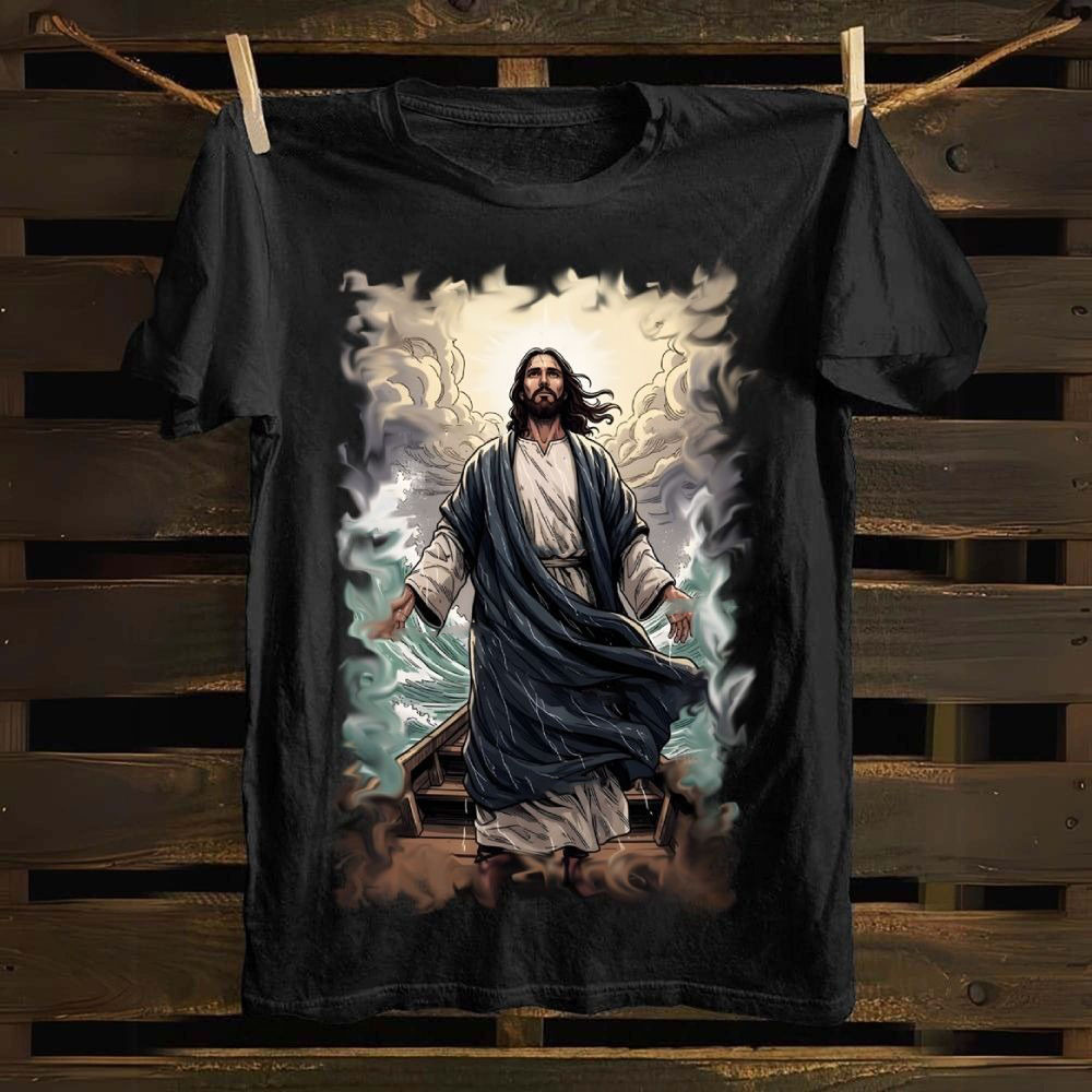 Jesus Walking on Water T-Shirt Faith Christian Art Design Spiritual Christmas Gift