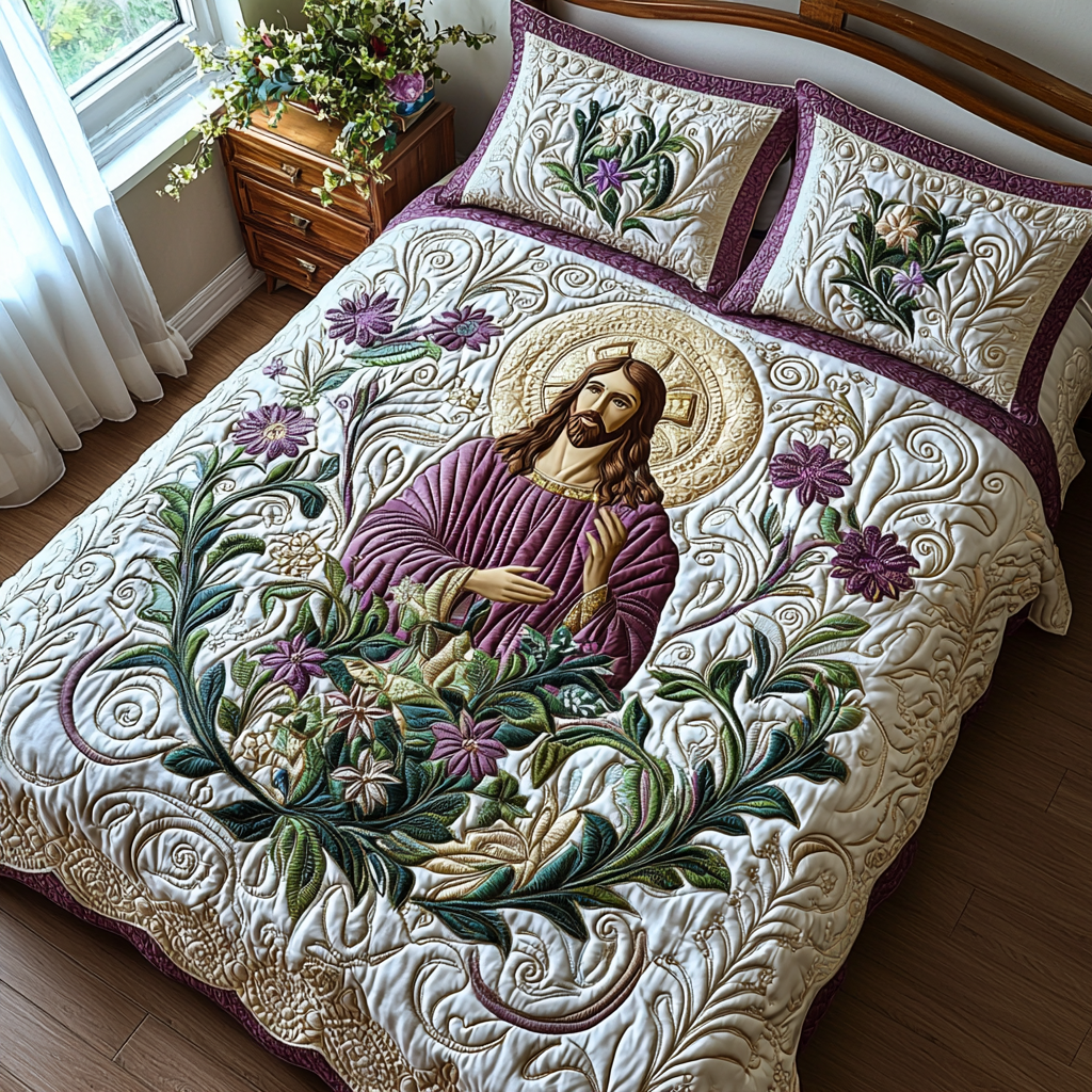 Jesus with Flowers Quilted Bedding Set Bedspread Set Christian Gift Idea