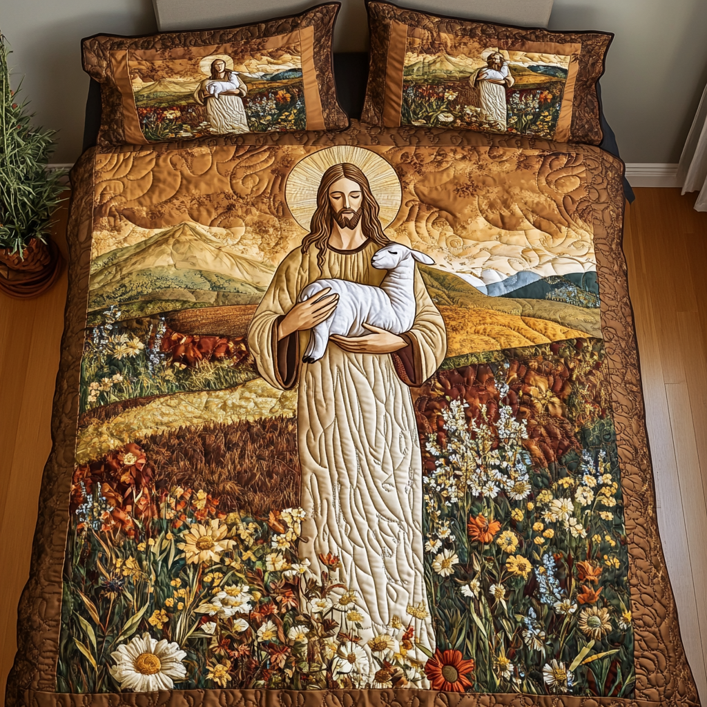 Jesus with the Lamb Quilted Bedding Set Bed Decor Christmas Presents For Christians
