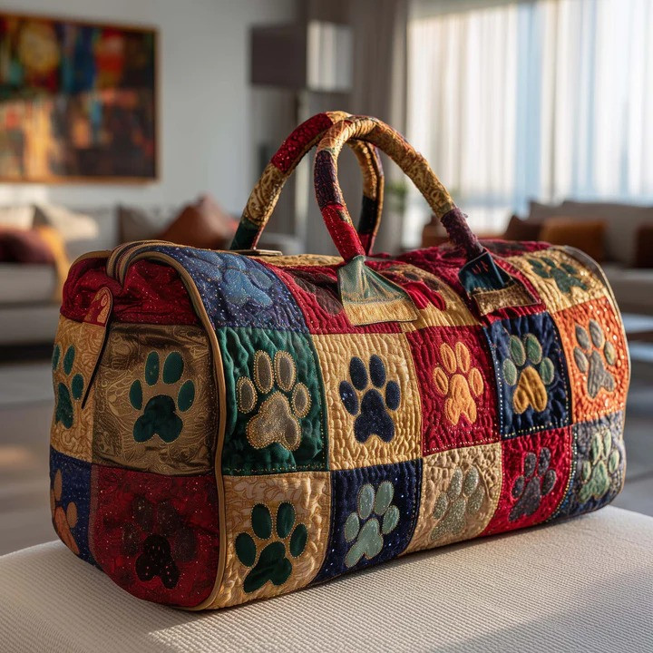 Jewel Tone Paw Print Quilted Duffle Bag Pet Lover Travel Bag Best Gift For Dog Cat Owners
