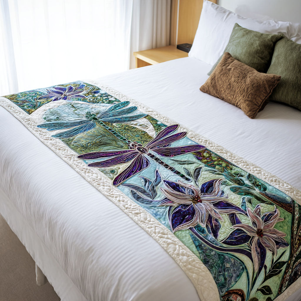 Jewelwing Garden Quilted Bed Runner Aesthetic Room Decor Gifts For Dragonfly Lovers