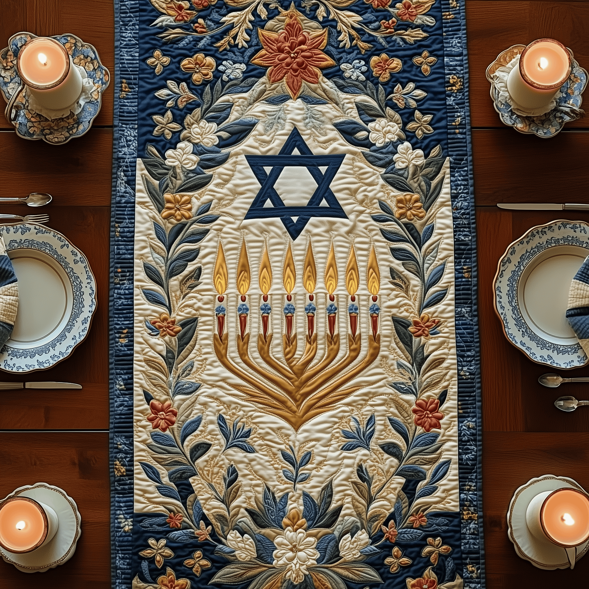 Jewish Hanukkah Quilted Table Runner Holiday Dining Table Runner Hanukkah Home Decorations