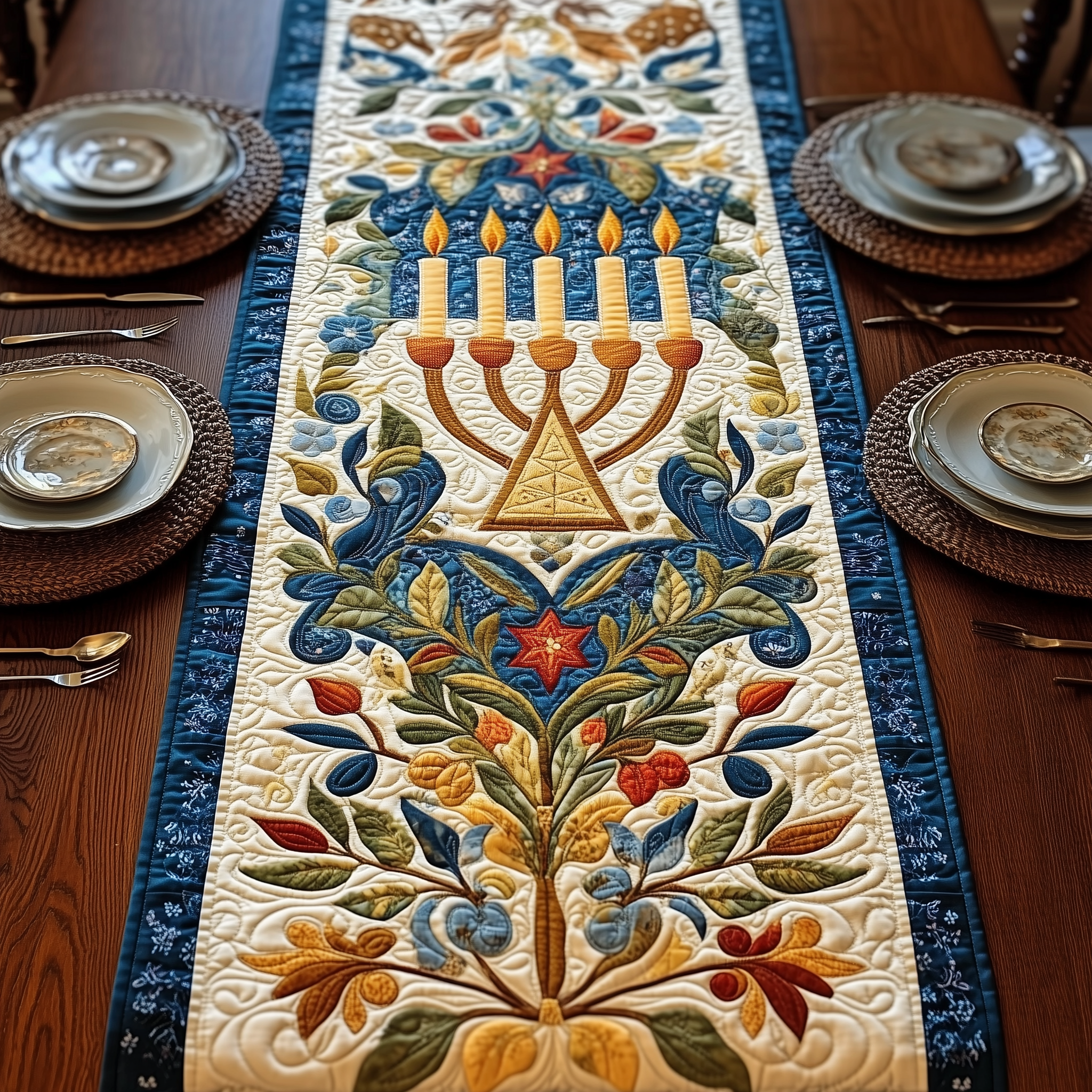 Jewish Hanukkah Quilted Table Runner Holiday Dining Table Runner Hanukkah Home Decorations