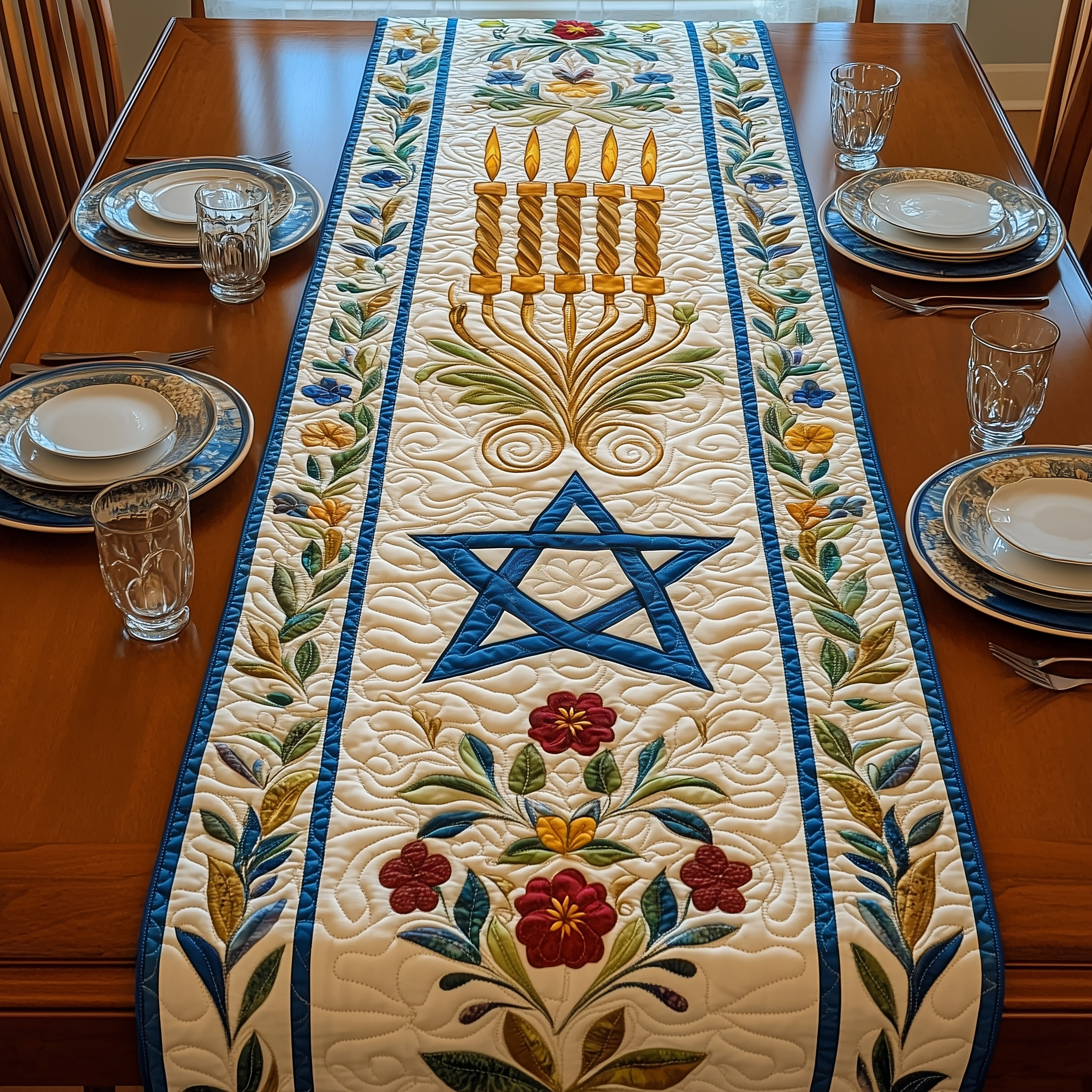 Jewish Hanukkah Quilted Table Runner Holiday Dining Table Runner Hanukkah Home Decorations