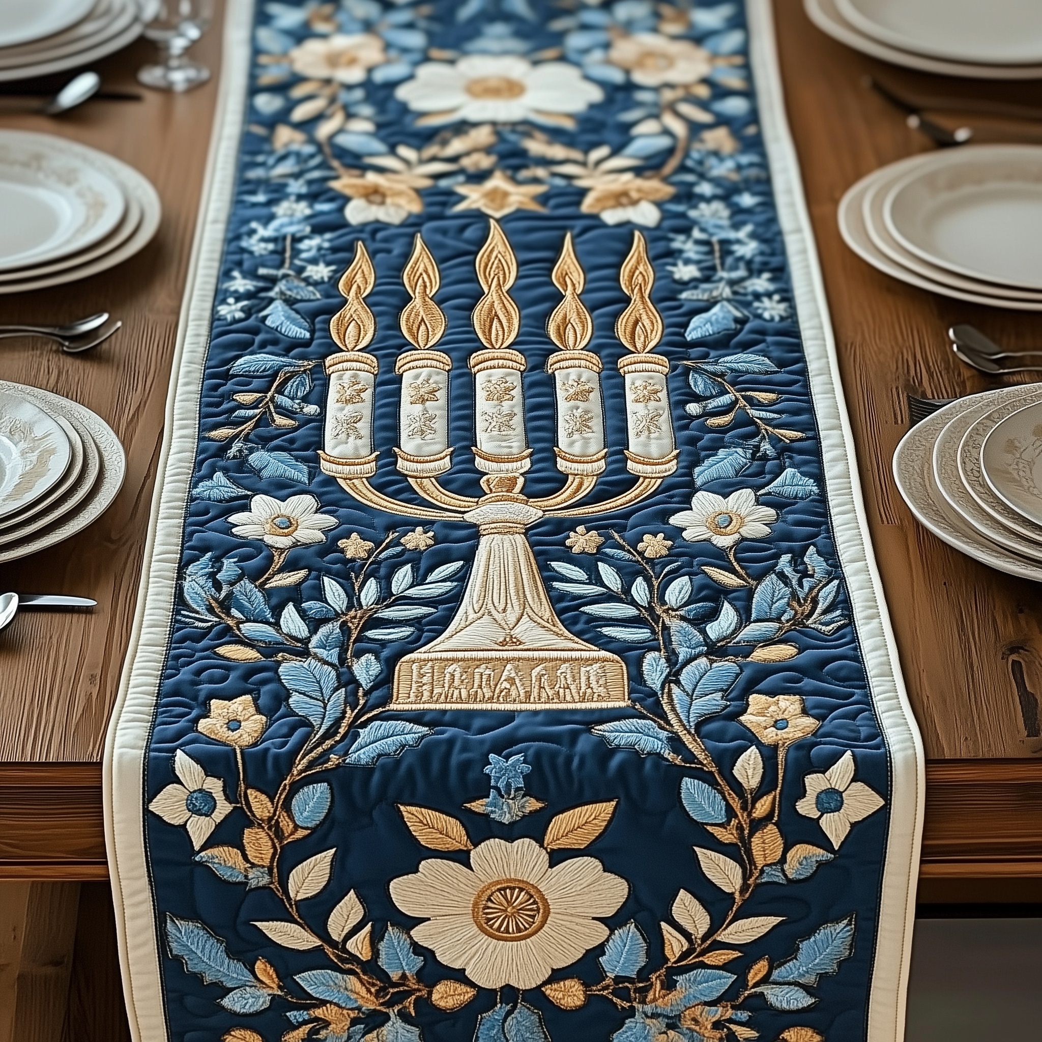 Jewish Hanukkah Quilted Table Runner Rustic Kitchen Dining Decor Gift For Cozy Family Home