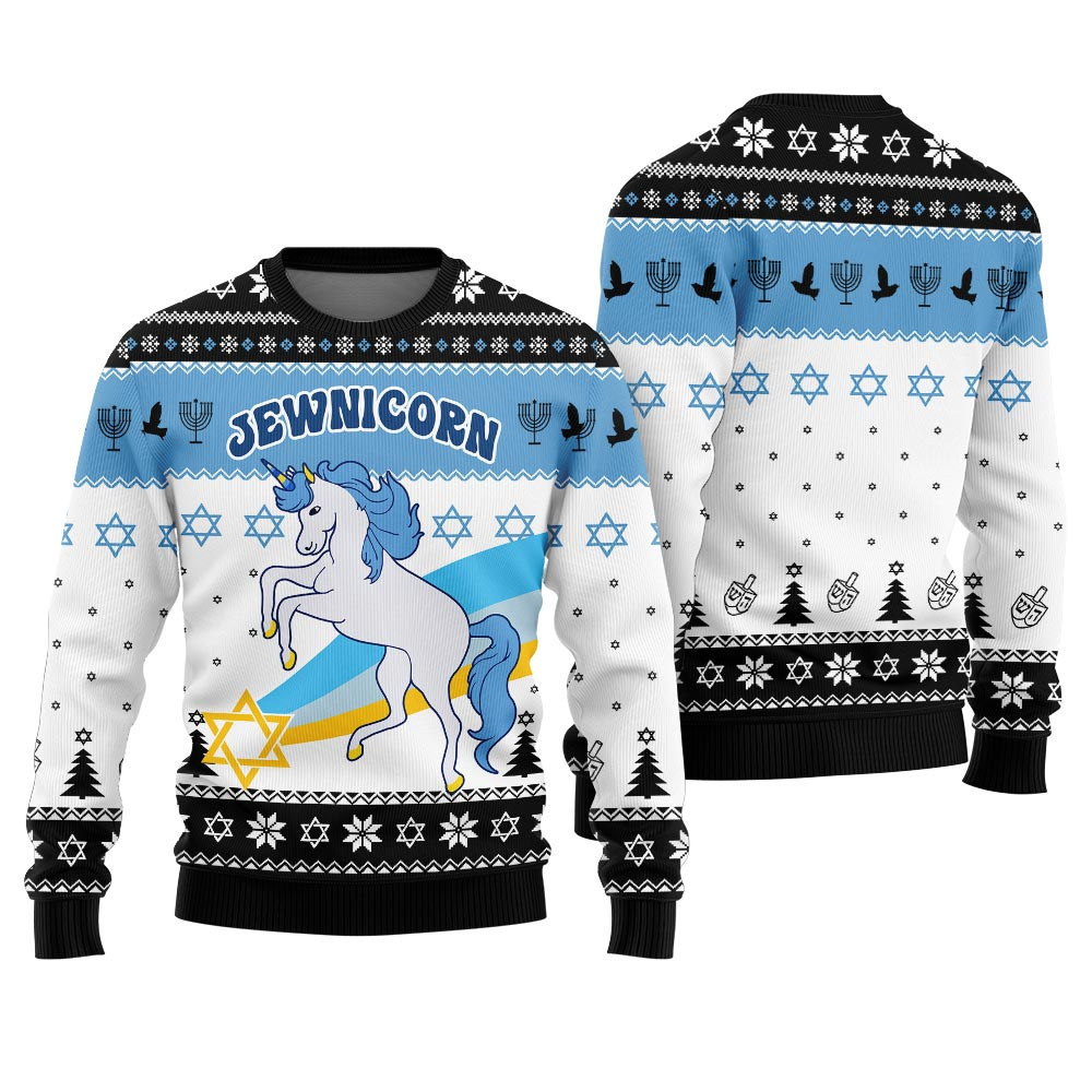 Jewnicorn Funny Hanukkah Sweater Black Personalized Christmas Sweatshirt Gift for Family