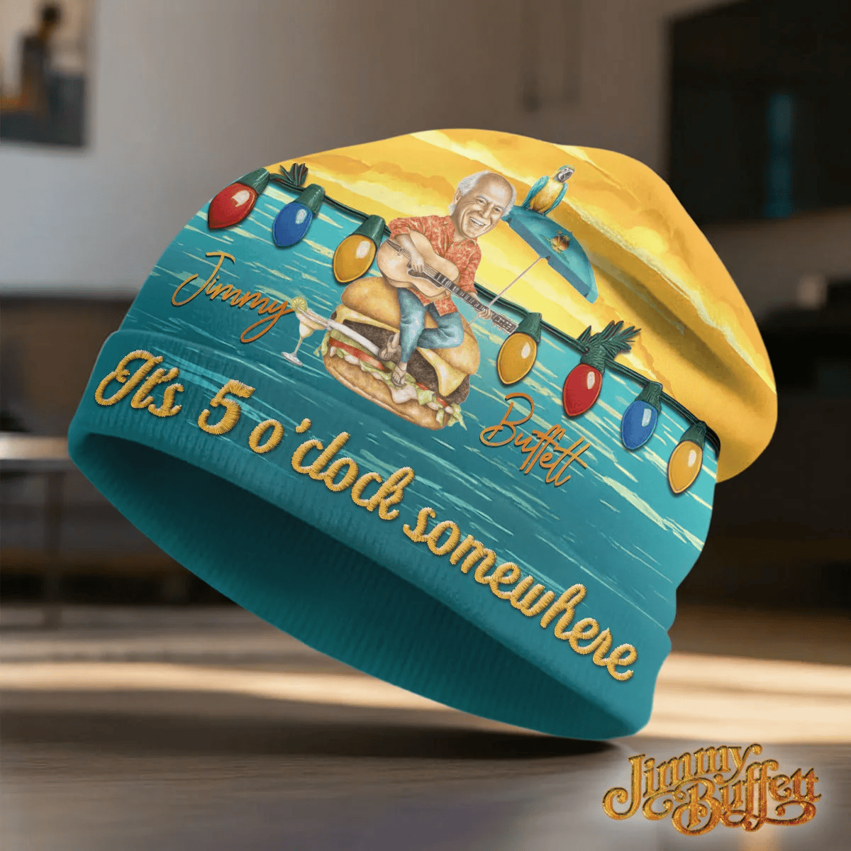 Jimmy Buffett 5 O'clock Somewhere Beanie Parrot Burger Guitar Lights Merch Gifts For Bestie