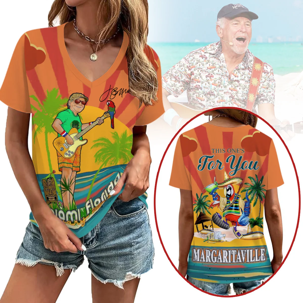 Jimmy Buffett Margaritaville Parrot V-Neck T-Shirt Parrot Sombrero Guitar Clothing Music Lover Gift