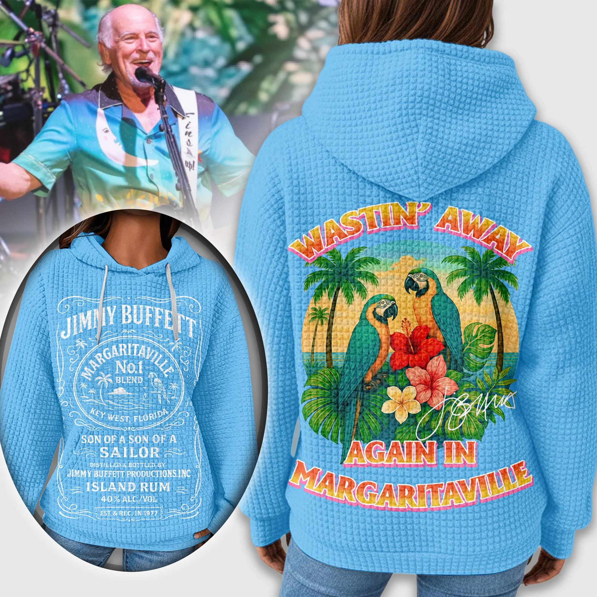 Jimmy Buffett Merch Wastin' Away Again Parrots Palm Trees Flower Hoodie Gifts For Mom