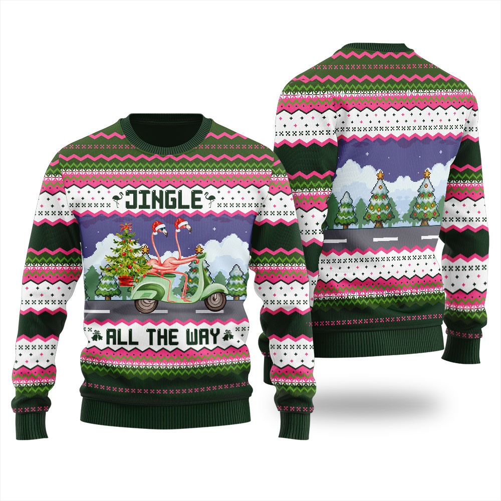 Jingle All The Way Flamingo Ugly Christmas Sweater Exclusive Holiday Sweater Merch for Gift Giving