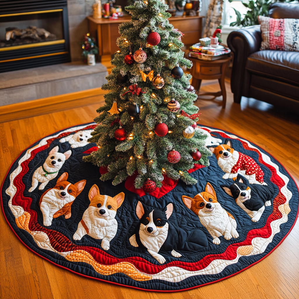 Jingle Bell Corgi Chritstmas Quilted Tree Skirt Modern Tree Skirt First Time Mom Christmas Gifts
