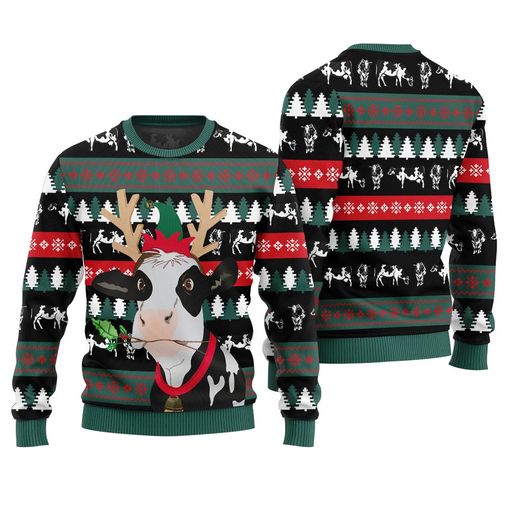 Jingle Bell Cow Funny Christmas Pullover Cute Christmas Sweatshirt for Holiday Spirit