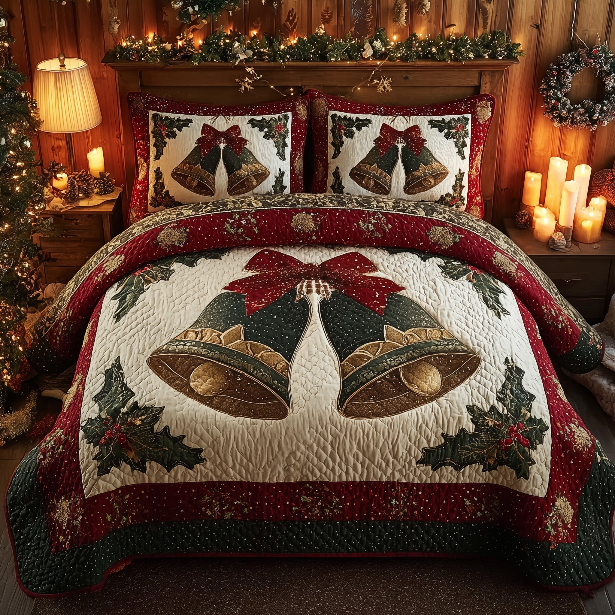 Jingle Bell Quilted Bedding Set Christmas Bell Theme Bedding Best Xmas Bedding Ideal Gifts