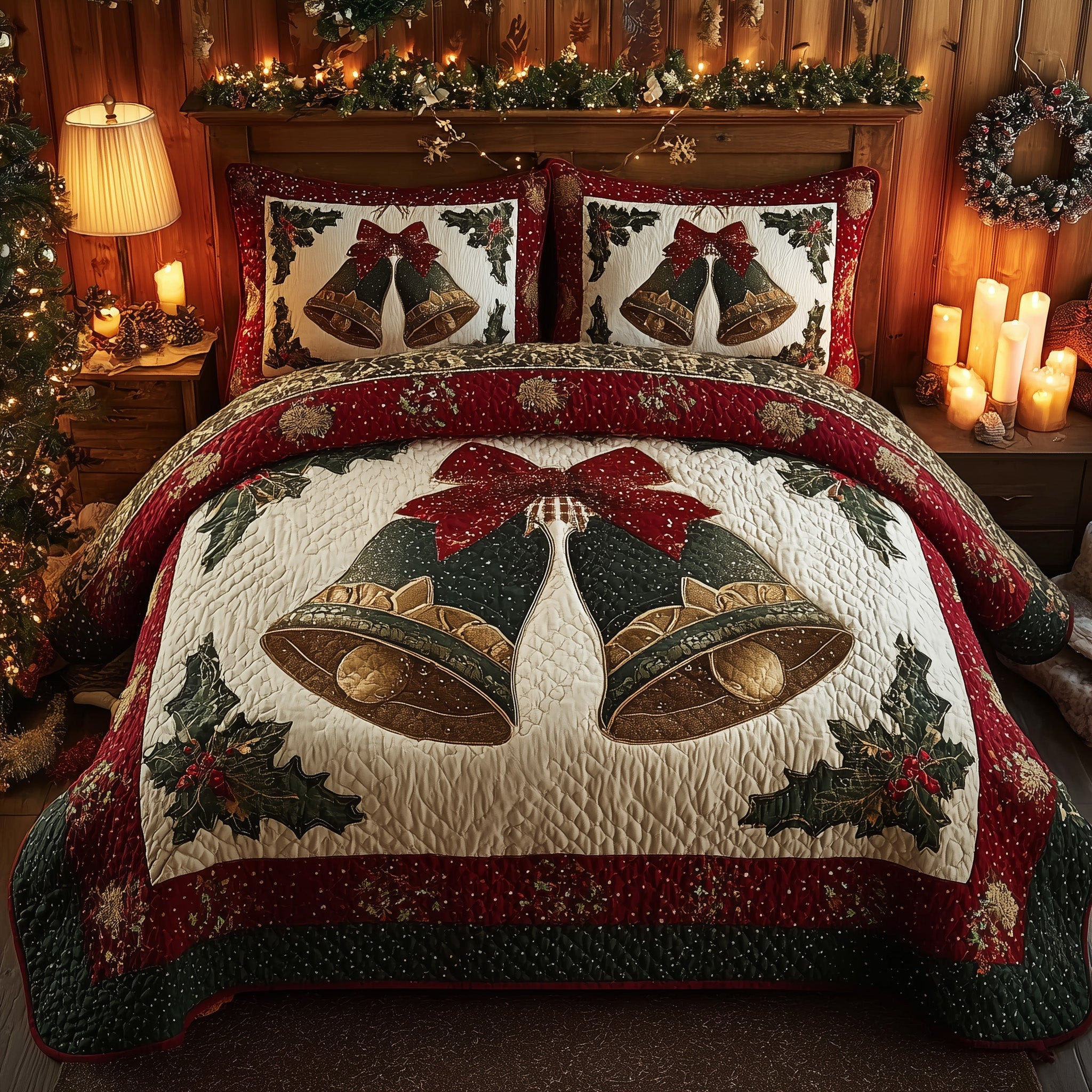 Jingle Bell Quilted Bedding Set Christmas Bell Theme Bedding Best Xmas Bedding Ideal Gifts
