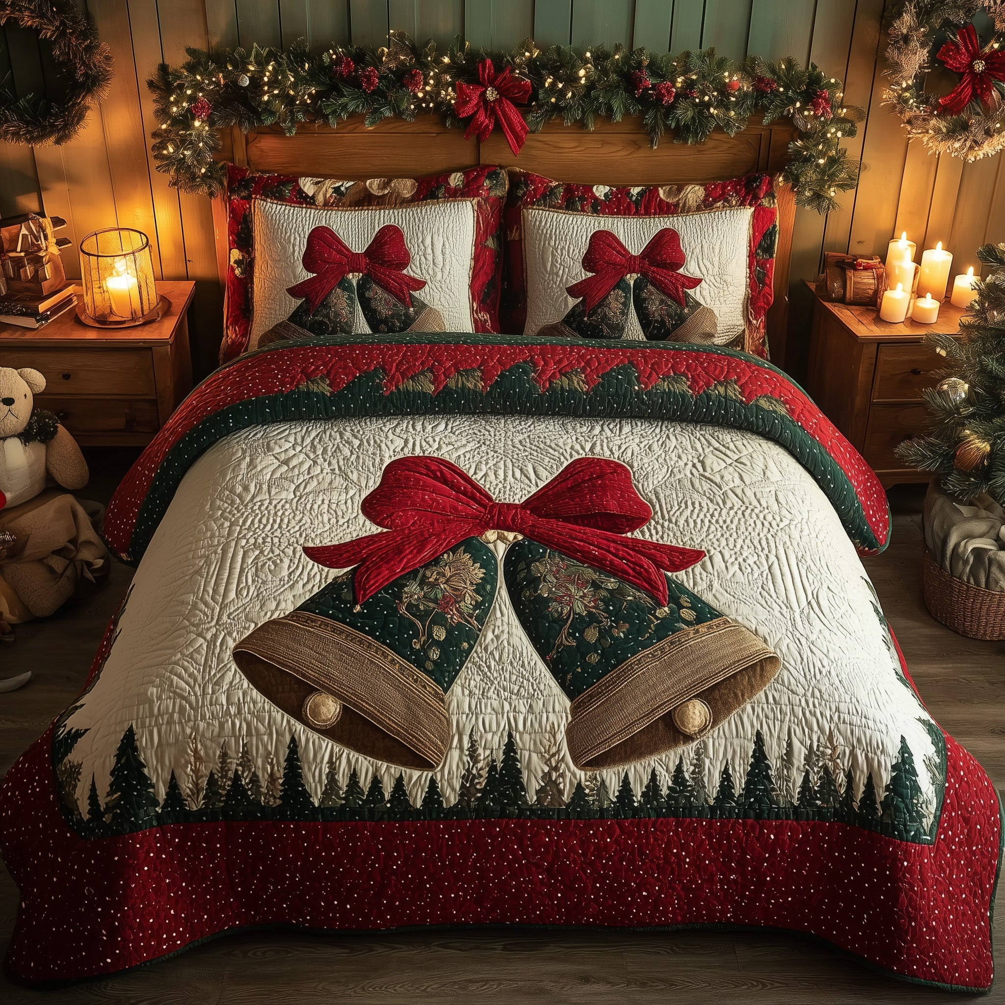 Jingle Bell Quilted Bedding Set Christmas Bell Theme Bedding Unique Xmas Bedding Gifts